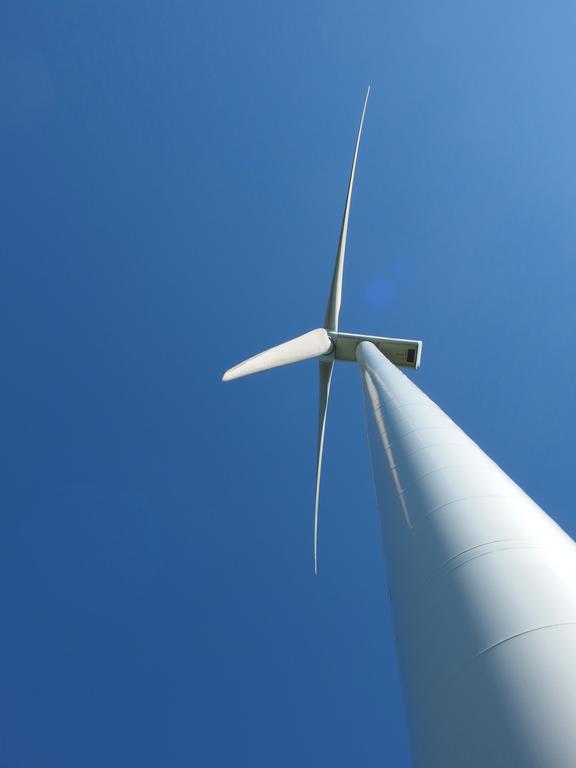 upward-looking photo of the wind turbine on Kennedy Hill in southern New Hampshire