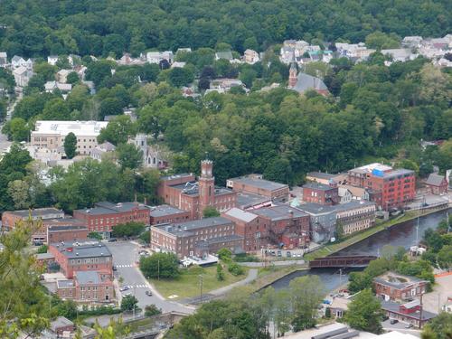 view of Bellows Falls in Vermont from the cliff viewpoint on Mount Kilburn in New Hampshire