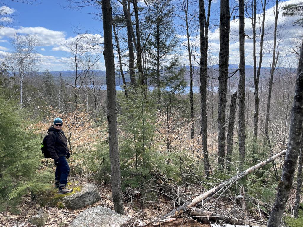 view in April of Pleasant Lake and Mount Sunapee from Langenau Forest in New Hampshire