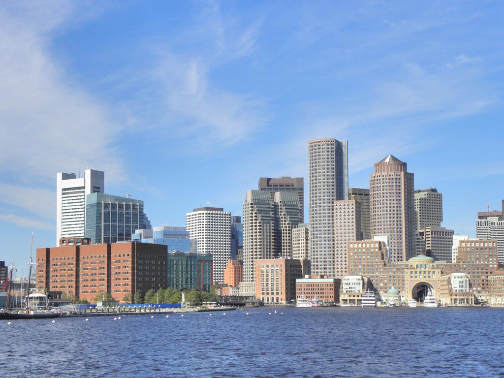 view of Boston waterfront from the Boston Harbor Islands ferry