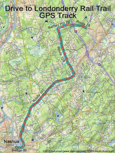 drive route to the Londonerry Rail Trail in southern New Hampshire