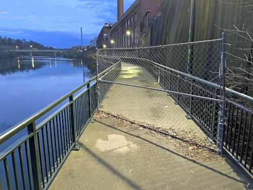 closed trail in December at Lowell Riverwalk in northeast MA