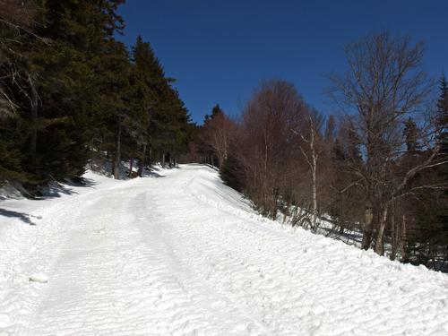 Mount Washington Auto Road in April on the way to Lowe's Bald Spot in New Hampshire