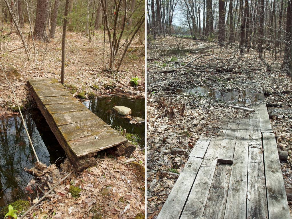 good-and-bad trail sections in April at Meetinghouse Park in northeast Massachusetts