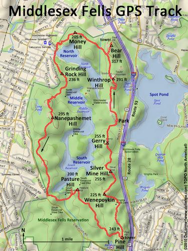 GPS track through Middlesex Fells Reservation in eastern Massachusetts