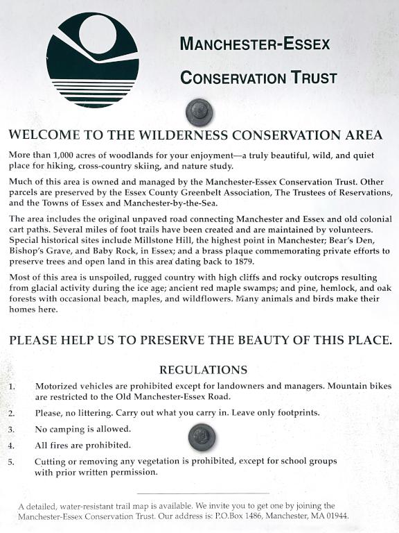 notice at Manchester-Essex Wilderness Conservation Area near Essex in northeast Massachusetts