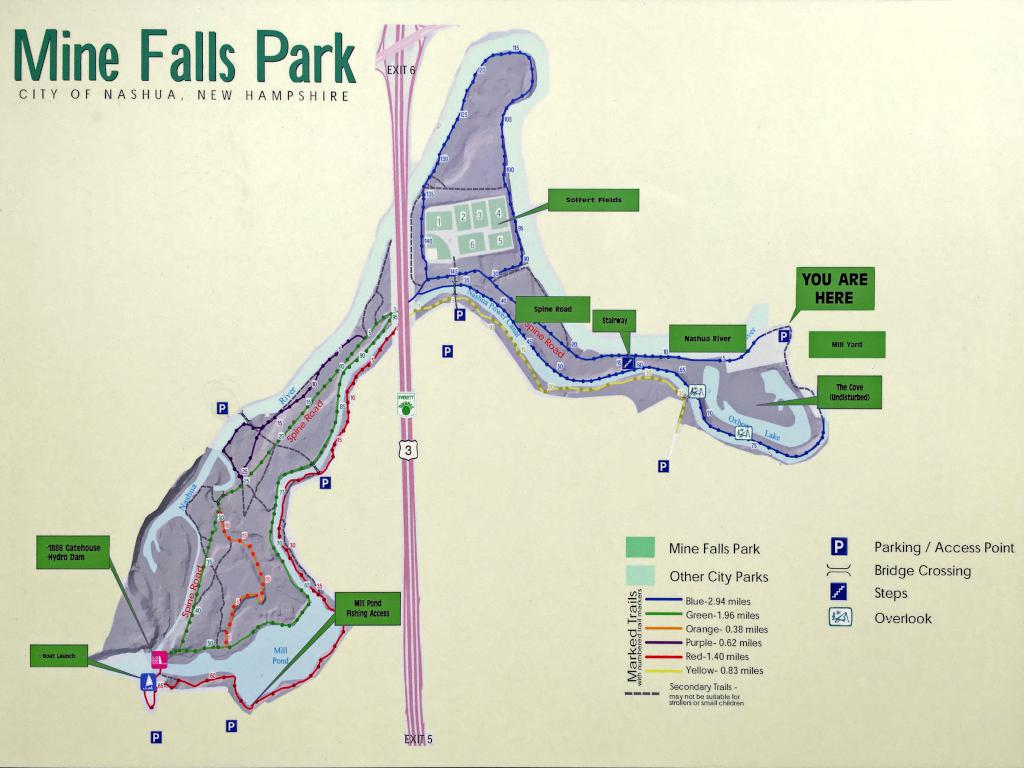 trailmap posted at the entrance to Mine Falls Park in New Hampshire