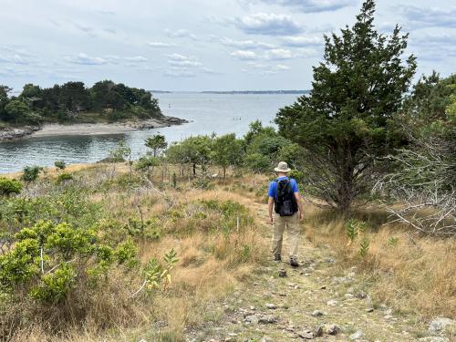 trail toward shore and Little Misery Island in July on Great Misery Island in northeast MA