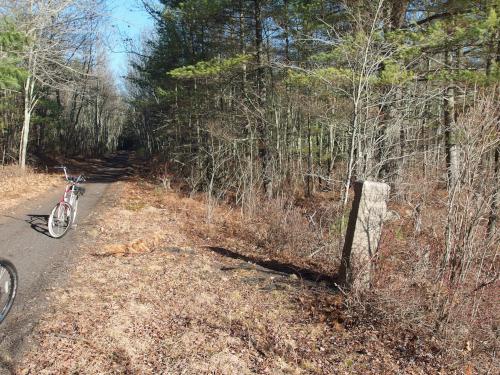  state-line marker on the Monadnock Recreational Rail Trail near Jaffrey in southern New Hampshire