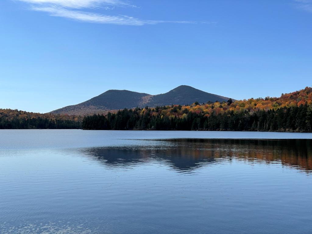 view of Mountain Pond and Doublehead Mountain in October from the Mountain Pond Loop trail in New Hampshire