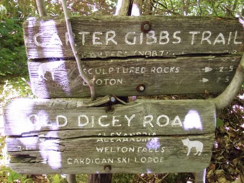 trail junction sign on the way to Mowglis Mountain in New Hampshire