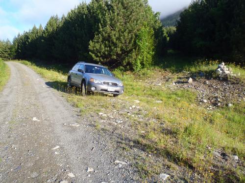 car parked at the trail start to Moxie Mountain in Maine