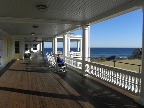 visitor on the porch of Ocean House at Watch Hill in Rhode Island