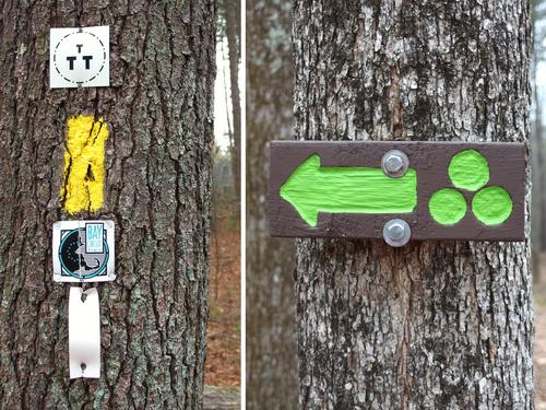 trail signs at Nashoba Brook Conservation Land in northeastern Massachusetts