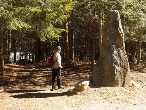 entrance stone for the Demon Pond Trail at Northwood Meadows State Park in southern New Hampshire