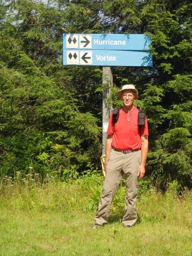 Fred before ski trail signs at Pats Peak in New Hampshire