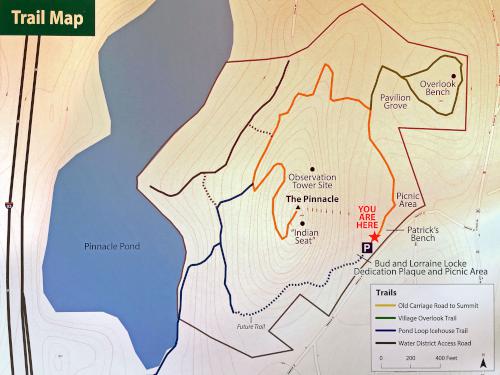 trail map posted at the entrance kiosk for Hooksett Pinnacle in southern New Hampshire