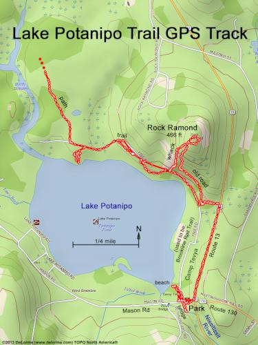 GPS track in December at Lake Potanipo Trail near Brookline in southern NH