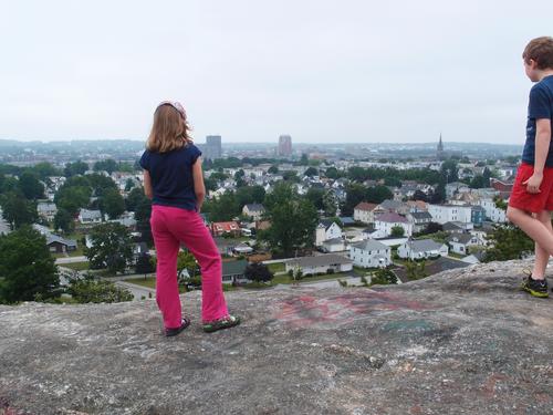 view of Manchester in southern New Hampshire from the summit cliff of Rock Rimmon