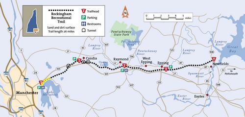 trail map of the Rockingham Recreational Trail in southern New Hampshire