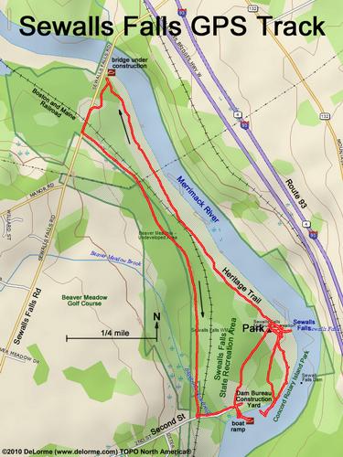 GPS track through Sewalls Falls Park near Concord in southern New Hampshire