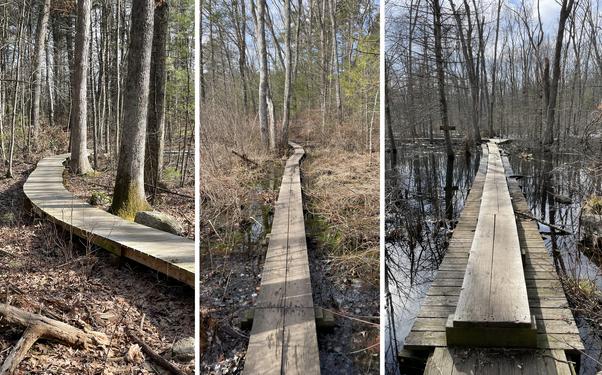 footbridges in February at Skug River Reservation in northeast MA