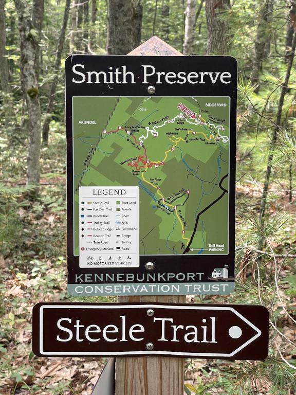 trail-junction sign in August at Smith Preserve near Kennebunkport in southern Maine