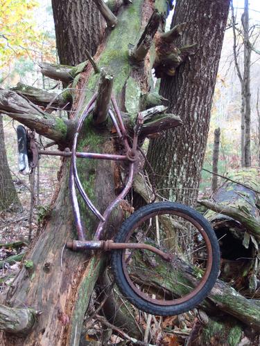 decrepit old bike beside a path in Southwest Trails at Nashua, New Hampshire