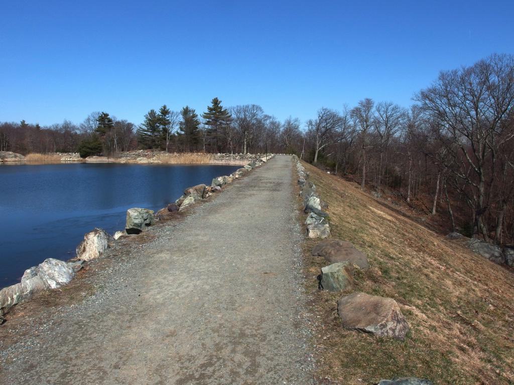 Fells Reservoir dam near Spot Pond inside MIddlesex Fells Reservation in eastern Massachusetts