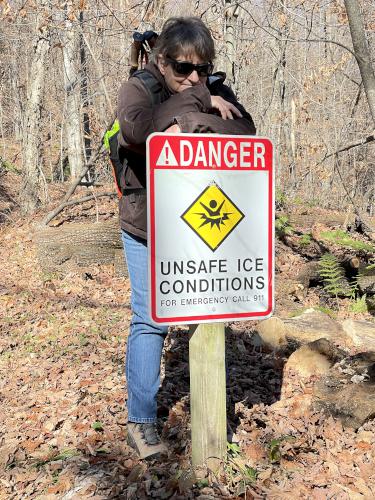 trail warning sign in November at Spruce Hill in northwest Massachusetts