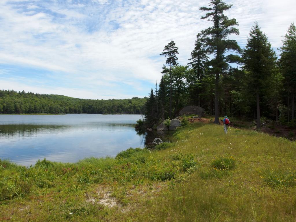 John walks the edge of Pioneer Lake in June near Stoddard Rocks in southern New Hampshire