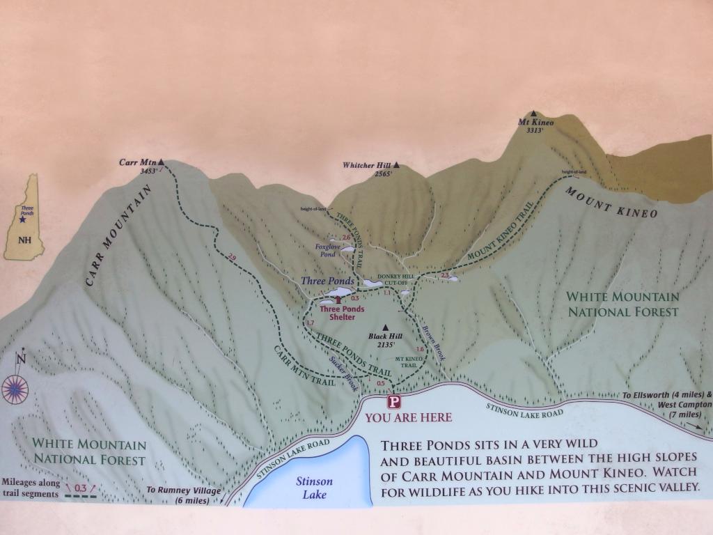 trailhead kiosk map depicting Three Ponds Loop (near Stinson Lake in New Hampshire)