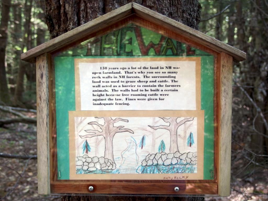 stone wall explanatory sign at Walcott Trails in southern New Hampshire