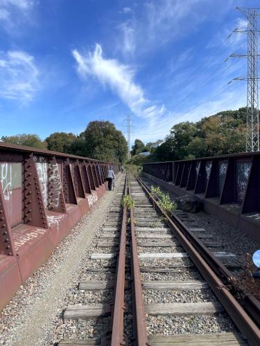 bridge across Route 95 in October at Wayland Rail Trail near Wayland in eastern MA