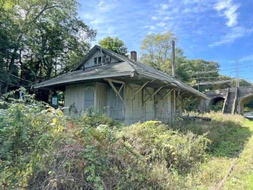 unrestored railroad station in October at Wayland Rail Trail near Wayland in eastern MA