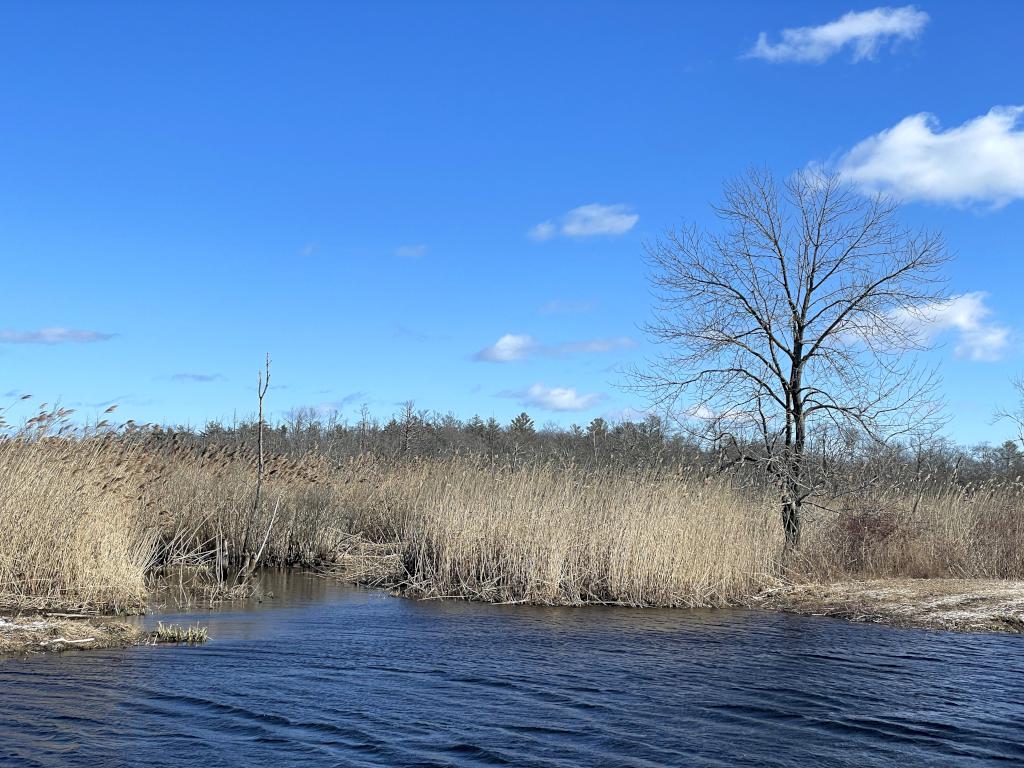 flooded section in February of the north side path at Grand Wenham Canal Path in northeast MA