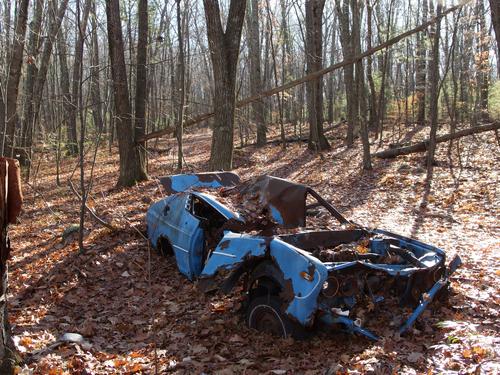 car wreck beside the woods road to Whortleberry Hill near Dracut in northeastern Massachusetts