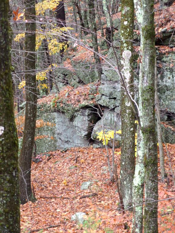 cliff and wolf den in October at Wolf Den Hill in Leominster State Forest MA