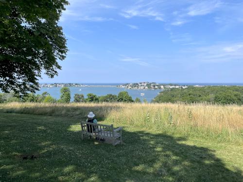 Andee sits at the bench in July overlooking Nantasket Beach at World's End in eastern Massachusetts