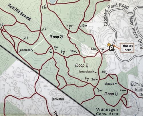 trail map of Wunnegen Conservation Area in northeast MA