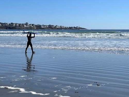 surfer in March at York Beach in southern coastal Maine