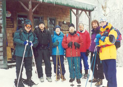 winter hikers at AMC Zealand Falls Hut in New Hampshire