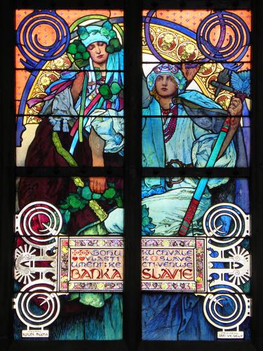 stained-glass window at Prague Castle's Saint Vitus Cathedral in the Czech Republic