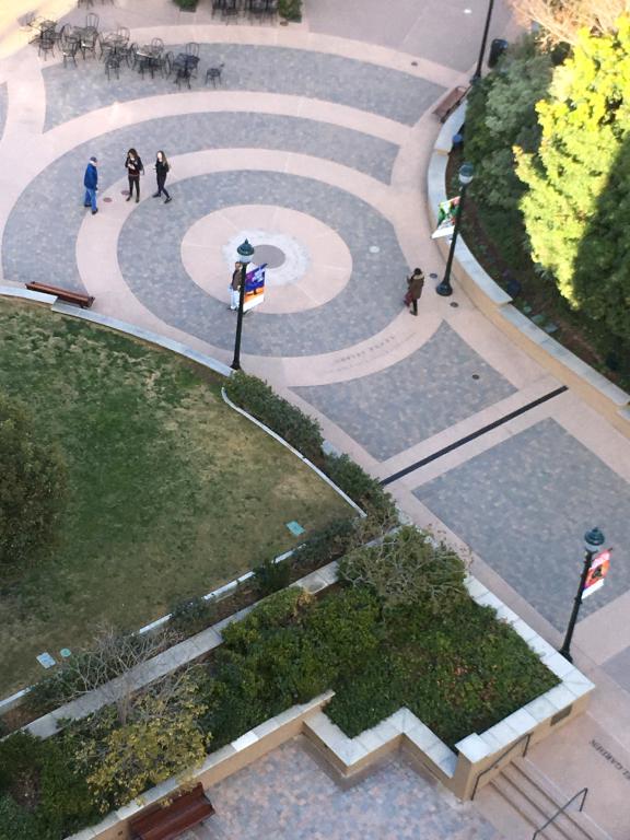 view down from the Museum of Man tower at Balboa Park in San Diego, California