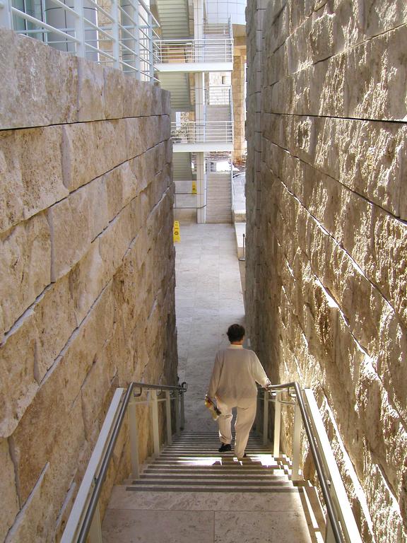 Betty Lou heads downstairs at the Getty Museum in Los Angeles, California