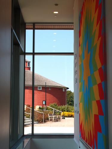 view of the Round Barn from inside the Center for Art and Education at the Shelburne Museum in Vermont